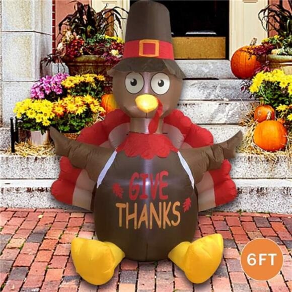6 FT Thanksgiving Inflatable Sitting Turkey, Blow up Lighted Turkey - Picture 2 of 7